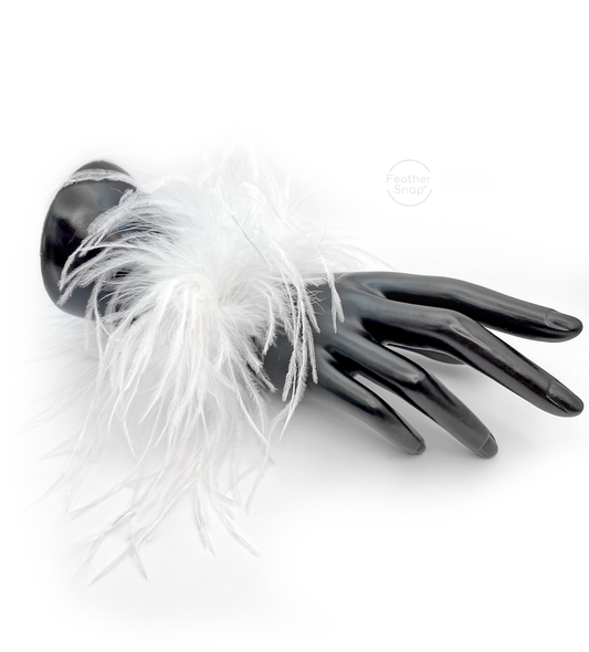 White Ostrich Feather Cuff Bracelet Pair - Full Volume